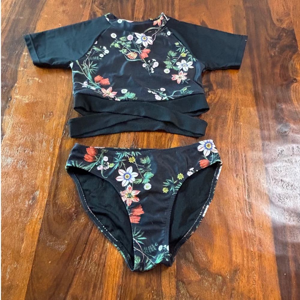 Zella Girl Floral Rash Guard Bikini Set Black Short Sleeve Swimsuit Size 10
